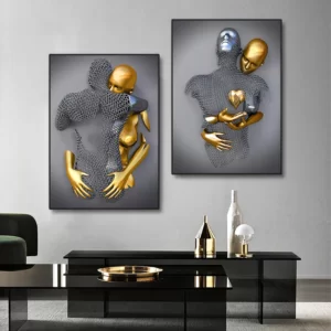 Metal Figure Golden Statue Art Canvas Painting Romantic Abstract Lovers Posters and Prints Wall Pictures Modern Home Decor Gifts