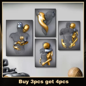 Metal Figure Golden Statue Art Canvas Painting Romantic Abstract Lovers Posters and Prints Wall Pictures Modern Home Decor Gifts