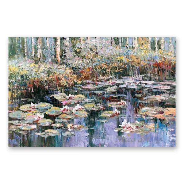 Modern 100% Hand Painted Monet Lotus Flower Oil Painting Reproduction Canvas Wall Art Unframed Paintings Wall Picture Artwork - Image 2