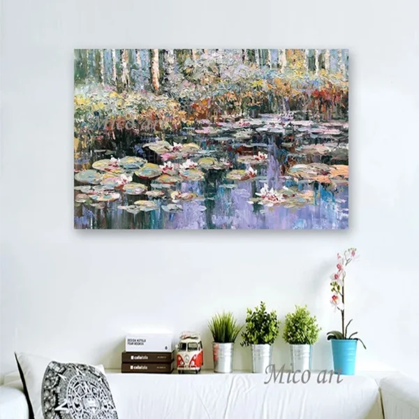 Modern 100% Hand Painted Monet Lotus Flower Oil Painting Reproduction Canvas Wall Art Unframed Paintings Wall Picture Artwork - Image 3