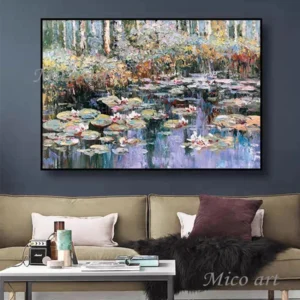 Modern 100% Hand Painted Monet Lotus Flower Oil Painting Reproduction Canvas Wall Art Unframed Paintings Wall Picture Artwork