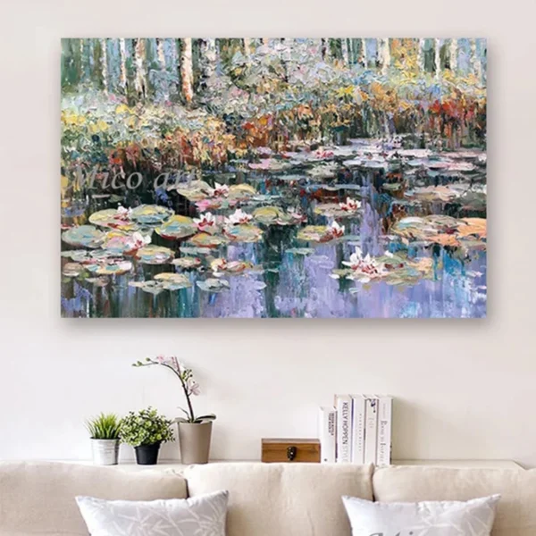 Modern 100% Hand Painted Monet Lotus Flower Oil Painting Reproduction Canvas Wall Art Unframed Paintings Wall Picture Artwork - Image 6